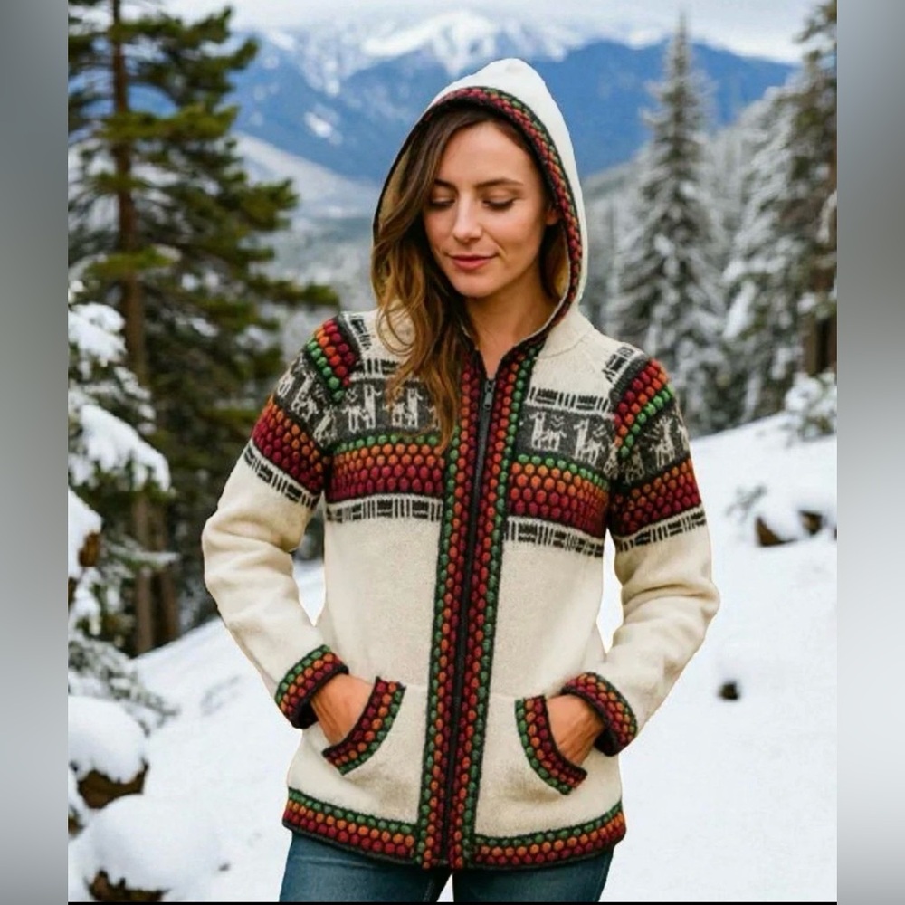 Peruvian Alpaca Blend Colorful Knit Hooded Zip Cardigan Sweater Llama Pattern